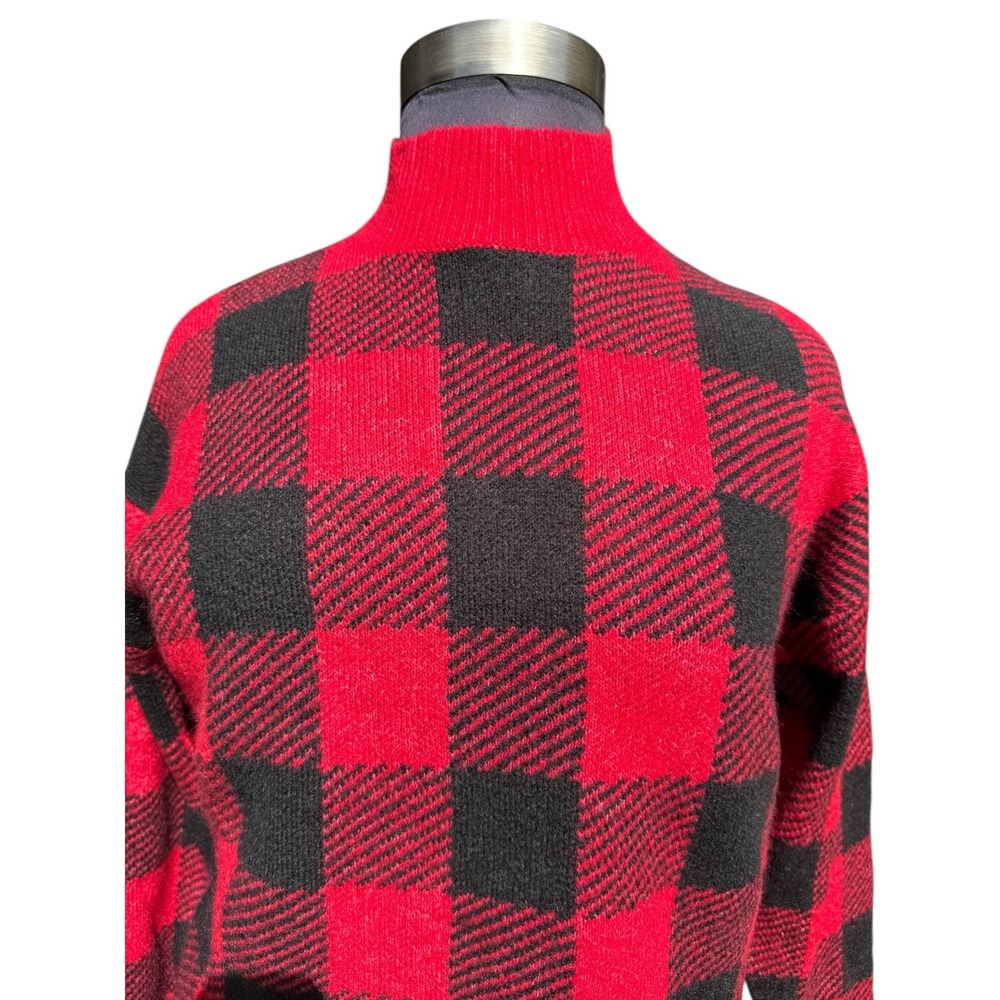 LOFT Womens Sweater L Red Black Plaid Mock Neck Pullover Knit Long Sleeve‎ NWT